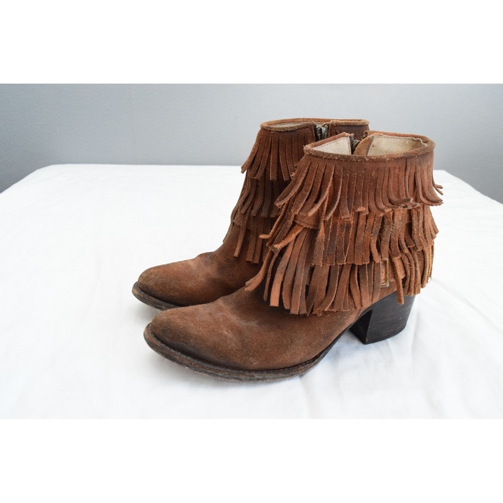 Freebird Belle Ankle Boots 8 Side Zip Block Heel Brown Suede Fringe Western Boho